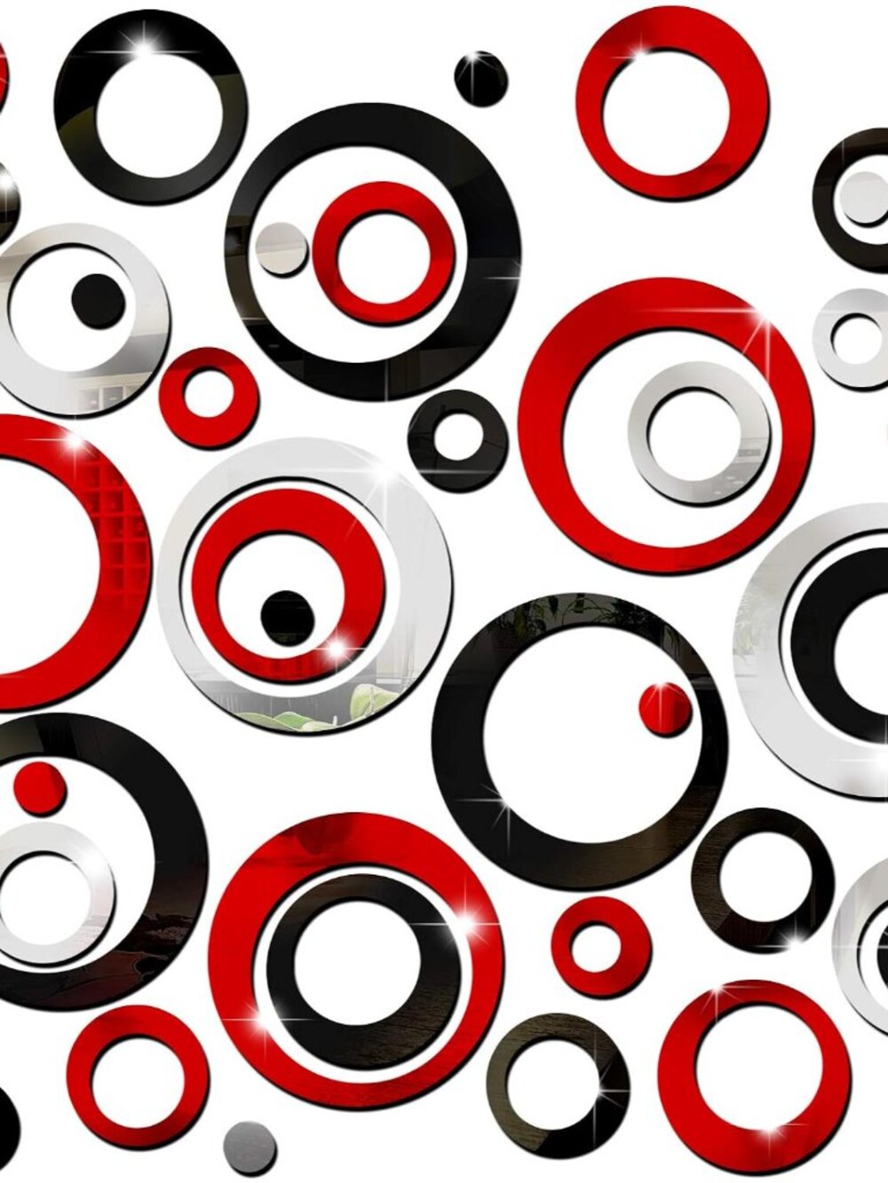 72 Pieces Wall Stickers Decor Acrylic Circle Mirror Removable Red and Black Wall